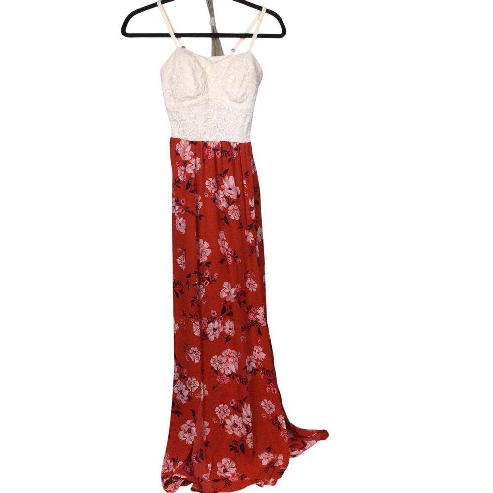 Candie's VTG 90s Retro Lace Corset Empire Waist Floral Red Floral Maxi Dress XS